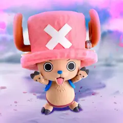 Tony Chopper, der süße Rentier-Arzt aus One Piece Staffel 3, winkt fröhlich in einer rosafarbenen Blütenpracht.