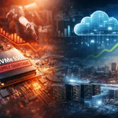 Un composant de stockage flash NVMe SSD avec "SUPPLY SHORTAGE" est superposé à une ville futuriste et un nuage symbolisant le cloud.