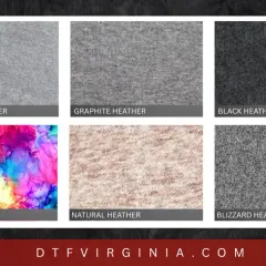 Six fabric swatches: Sport Gray, Graphite, Black, Tie Dyed, Natural, and Blizzard Heather. The heather core of these fabrics offers a unique texture.