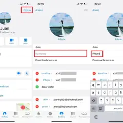 Zrzuty ekranu z iPhone'a pokazujące edycję nazwy kontaktu "Juan" na "Juan iPhone".