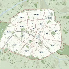 Mapa Paryża podzielona na dzielnice (arrondissements) z zaznaczonymi granicami.