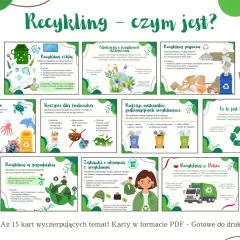Ilustracja przedstawia różne rodzaje recyklingu, materiały do recyklingu i korzyści z niego płynące.