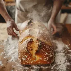 Un pain maison tout juste sorti du four, dégageant une vapeur invitante. La croûte dorée et craquelée promet une texture parfaite pour cette recette de pain maison.