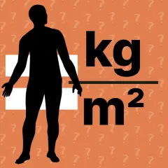 Schwarze Silhouette eines Mannes neben der BMI-Formel (kg/m²). Viele Fragezeichen im Hintergrund deuten auf Kritik am BMI hin.
