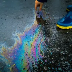 Tęczowa plama oleju na mokrym asfalcie, obok buta w kaloszu.