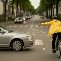 Cycliste en jaune, pointant le doigt, rappelle la règle de la priorité à droite. Une voiture s'arrête.