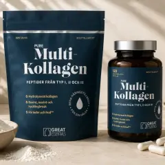 En påse och en burk med Multi-Kollagen, samt en skål med kollagenpulver. Perfekt kollagen mat för din hälsa.