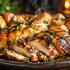 Délicieux poulet grillé, coupé en tranches, baignant dans sa marinade, accompagné de pommes de terre rôties et de quartiers de citron.