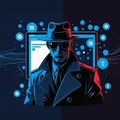 Mroczny detektyw w kapeluszu i okularach, otoczony cyfrowymi danymi, symbolizuje przeglądanie sieci w trybie **strona incognito**.