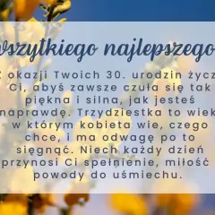 Życzenia urodzinowe dla chrześnicy na 30. urodziny. Piękne kwiaty i niebieskie niebo w tle.