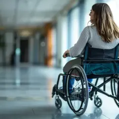 Dziewczyna na wózku inwalidzkim, zmagająca się z ataksją, porusza się korytarzem.