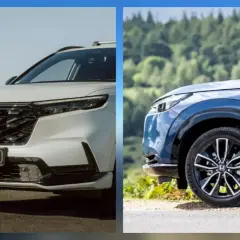 Dwa modele Honda SUV: biały CR-V i niebieski HR-V, prezentujące nowoczesny design.