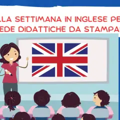 Bambini imparano i giorni della settimana in inglese con schede didattiche. La maestra mostra la bandiera britannica.