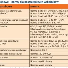 Tabela z normami badań wątrobowych: ALT, AST, bilirubina, fosfataza alkaliczna i inne enzymy wątrobowe.