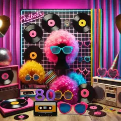 Accessoires colorés pour une **soirée 80** : perruques, vinyles, lunettes flashy et boombox. Préparez-vous à danser !