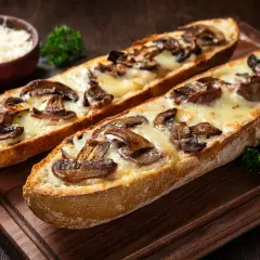 Dwie chrupiące zapiekanki z airfryer z pieczarkami i ciągnącym się serem na drewnianej desce.
