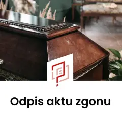 Drewniana trumna z kwiatami i logo.