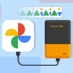 Illustrates the transfer of Google Photos to an external HDD, showing the Google Photos logo connected to the drive with images flowing.