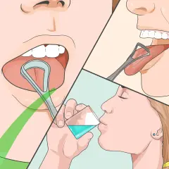 Immagine mostra come pulire la lingua con un puliscilingua e poi sciacquare la bocca.