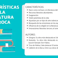 Ilustración de libros apilados y texto que detalla las características del barroco, como la exageración y la influencia religiosa.