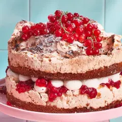 Ein zweistöckiger Johannisbeer Baiser Kuchen mit Schokoladenböden, Sahne und roten Johannisbeeren.