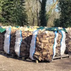 Reihenweise Säcke mit gespaltenem Brennholz, bereit zum Trocknen. Die Frage "wie lange holz trocknen" beschäftigt jeden, der diesen Anblick sieht.