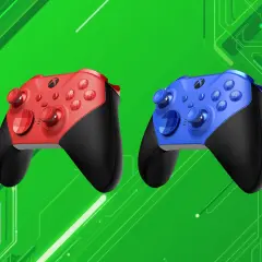 Dwa kontrolery Xbox Elite Series 3, czerwony i niebieski, na zielonym tle z elementami obwodów.