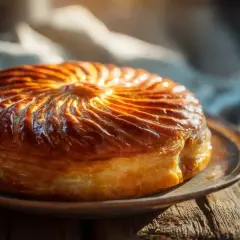 Un délicieux pithiviers gateau doré, aux feuilletages brillants, prêt à être dégusté sur une table en bois rustique.
