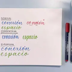 Ejemplos de nombres decorados en un cuaderno, mostrando diferentes estilos de escritura y espaciado. Se aprecian palabras como "conexión" y "espacio" en varios formatos.
