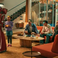 Rodzina gra w grę z robotem z serialu "Lab serial TVN". Na czołach mają karteczki z zagadkami.