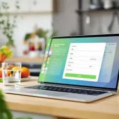 Laptop z kalkulatorem deficytu kalorycznego na ekranie, obok szklanka wody i warzywa. Jak obliczyć deficyt kaloryczny?
