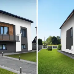 Nowoczesne elewacje domów z lat 70-tych, z elementami drewna i betonu, otoczone zielonym ogrodem.
