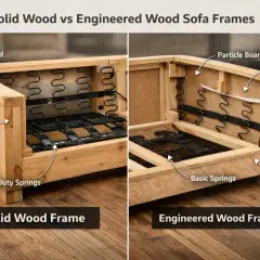 Comparing solid hardwood sofa frames with reinforced corners and heavy-duty springs to engineered wood frames made of particle board and thin plywood.