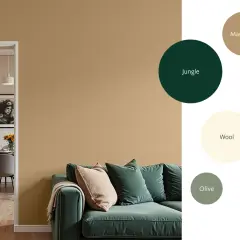 Ein Wohnzimmer mit einem grünen Sofa und Kissen, das durch moderne Farben wie Macchiato, Jungle, Wool und Olive inspiriert ist.