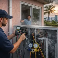 Técnico revisa unidad de aire acondicionado con humo y hielo, indicando sobrecalentamiento del compresor.
