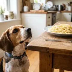 A beagle looks longingly at a plate of spaghetti, wondering if dogs can eat pasta.
