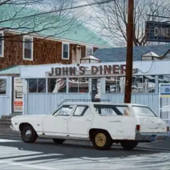 Białe kombi przed "John's Diner" wygląda jak żywe, mistrzowski fotorealizm.