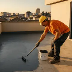 Operaio con casco giallo applica prodotto per impermeabilizzazione terrazzo con rullo. La città sullo sfondo al tramonto.