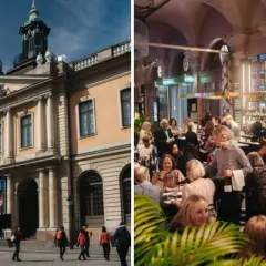 Nobelpriset museum i Stockholm med folk som minglar inomhus.