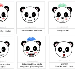 Dzień pandy w przedszkolu: pandy ćwiczą miny: kląskanie, robienie baloników z policzków, całuski, uśmiech, dotykanie językiem zębów i ziewanie.