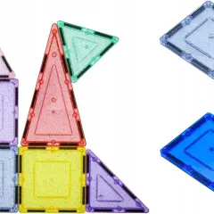 Kolorowe klocki magnetyczne Picasso tworzą wieżę i inne kształty.