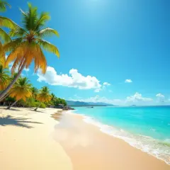 Rajska plaża z palmami i turkusową wodą. Idealne miejsce, by znaleźć odpowiedzi na pytanie, kiedy najtaniej na Dominikanę.