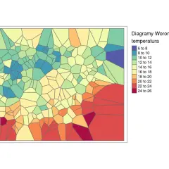 Diagram Woronoja pokazujący interpolację temperatury. Obszary o niższych temperaturach są niebieskie, a o wyższych czerwone.