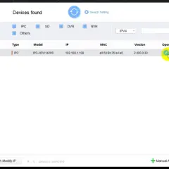 Lista urządzeń znalezionych przez dmss. Widoczna kamera IPC-HFW1420S z IP 192.168.1.108.