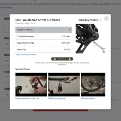 SRAM AXS setup guide for a mullet bike, showing chain length and setup cog details. Includes a warning and support videos.