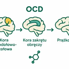 Ilustracja przedstawia mózg z zaznaczonymi obszarami, sugerującymi zmiany związane z OCD chorobą.