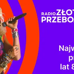 Kobieta z burzą blond włosów śpiewa do mikrofonu, ubrana w kolorowy strój i biżuterię w stylu lat 80. Logo "Radio Złote Przeboje" i napis "Największe przeboje lat 80. i 90." podkreślają klimat.