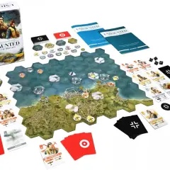 Plansza gry "Undaunted: Battle of Britain" z heksagonalnymi polami, kartami pilotów i samolotów, kostkami i żetonami.