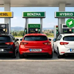 Tre auto (nera, rossa, bianca) a una stazione di servizio. La rossa ha la scritta "BENZINA" sul retro.