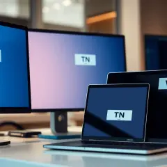 Na biurku stoją monitory i laptop. Na ekranach widnieją napisy: IPS, TN, VA. Matryca w laptopie ma oznaczenie TN.
